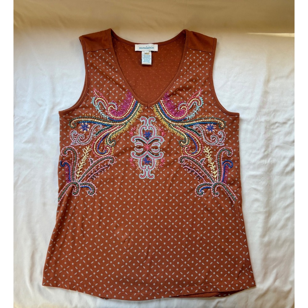 Sundance Rust Orange Embroidered V-Neck Tank Top Sleeveless Boho Dot Print Small